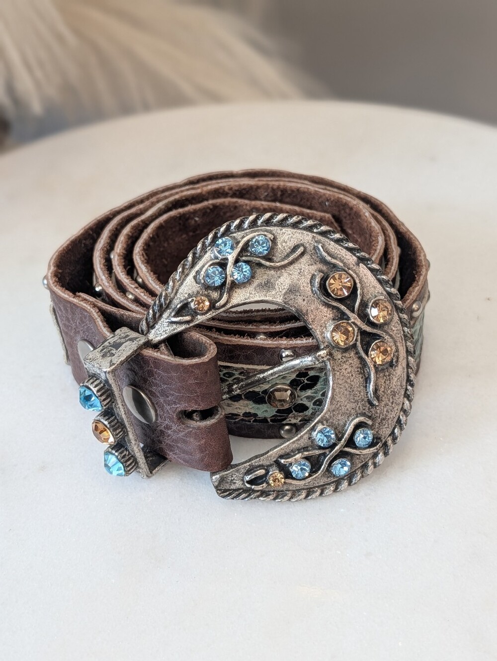 Vintage Cache Brown Leather Belt with Turquoise Inlay and Stud Accents